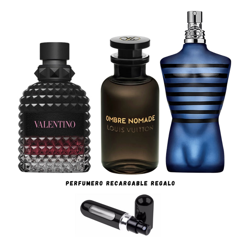 010 - 3 PERFUMES +REGALO (Jean Paul Ultramale, Valentino Born In Roma, Ombre Nomade +Perfumero Recargable)