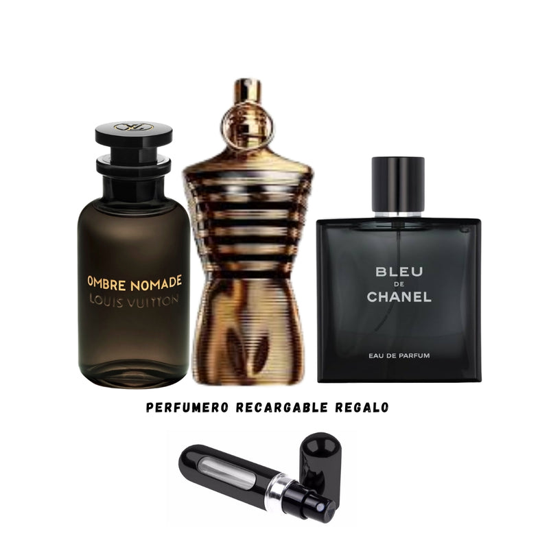 011 - 3 PERFUMES +REGALO (Ombre Nomade, Jean Paul Elixir, Bleu Chanel Mas Perfumero Recargable)