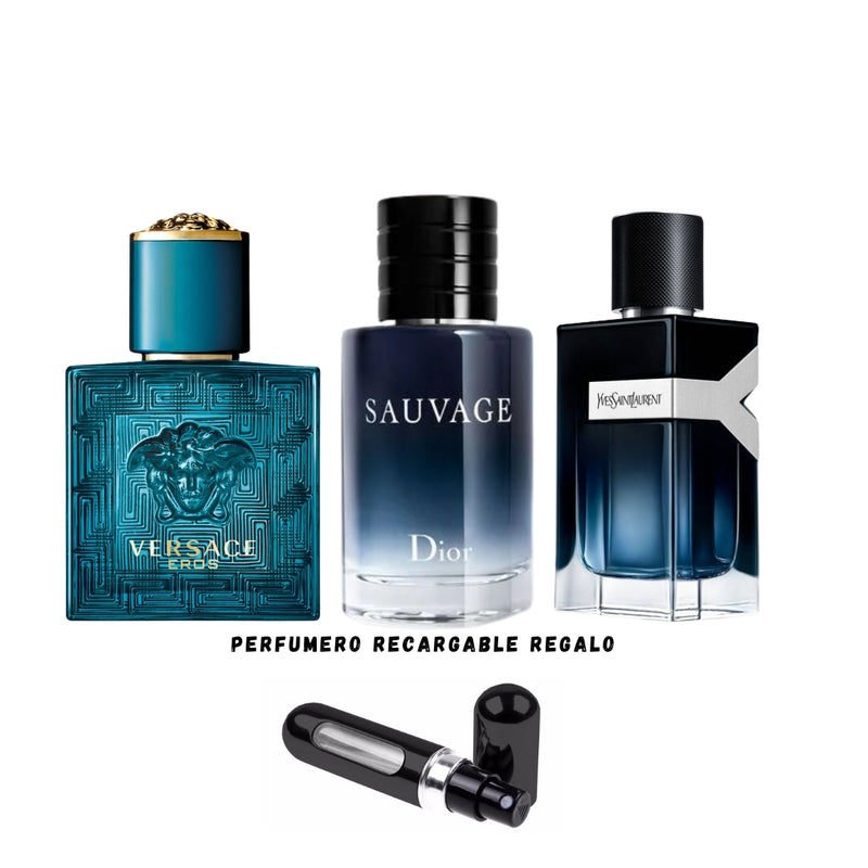 012 - 3 PERFUMES +REGALO (Y - Yves Saint Laurent, Eros,Sauvage Mas Perfumero Recargable)