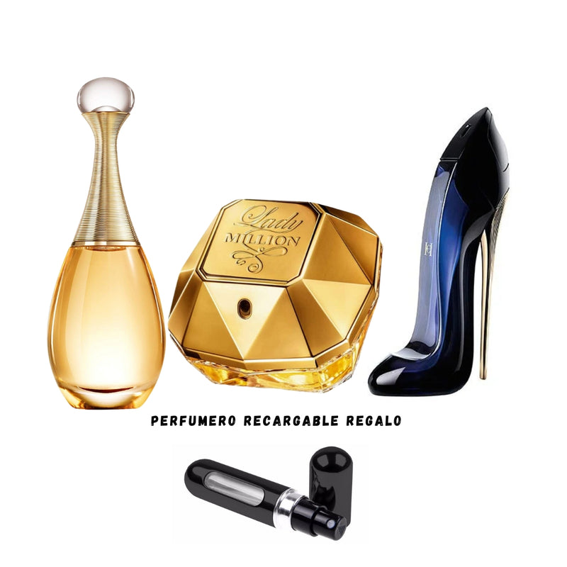 013 -3 PERFUMES +REGALO (J"adore - Good Girl - Lady Million Mas Perfumero Recargable)