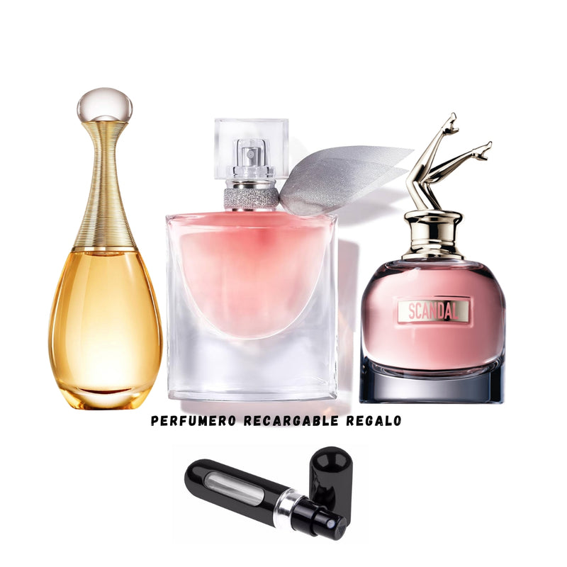 014 - 3 PERFUMES +REGALO (Scandal, Jadore, La Vie Est Belle Mas Perfumero Recargable)