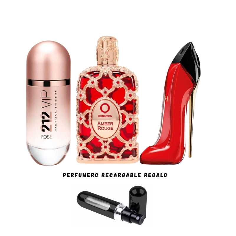 015 - 3 PERFUMES +REGALO (212 Vip Rose, Good Girl Very, Orientica Amber Rouge Mas Perfumero Recargable)