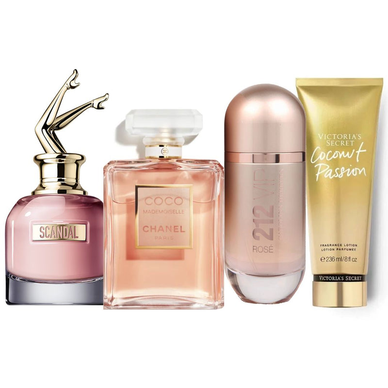 038 - 3 PERFUMES + REGALO (SCANDAL+COCO CHANEL+212 ROSE + CREMA 1.1)