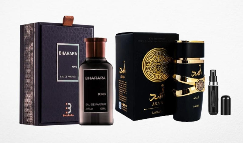 030 - 2 PERFUMES +REGALO (Bharara King + Asad Mas Perfumero Recargable)