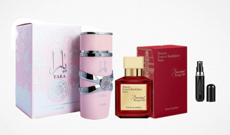 023 - 2 PERFUMES +REGALO (Yara  + Baccarat Rouge Mas Perfumero Recargable)