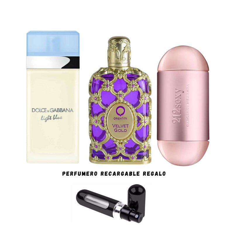 017 - 3 PERFUMES +REGALO (Orientica Velvet Gold, Light Blue, 212 Sexy Mas Perfumero Recargable)