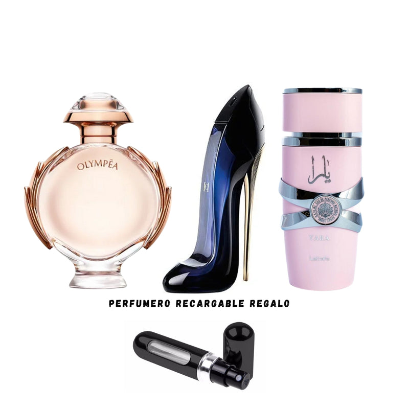 018 -3 PERFUMES +REGALO (Yara, Good Girl, Olympea Mas Perfumero Recargable)