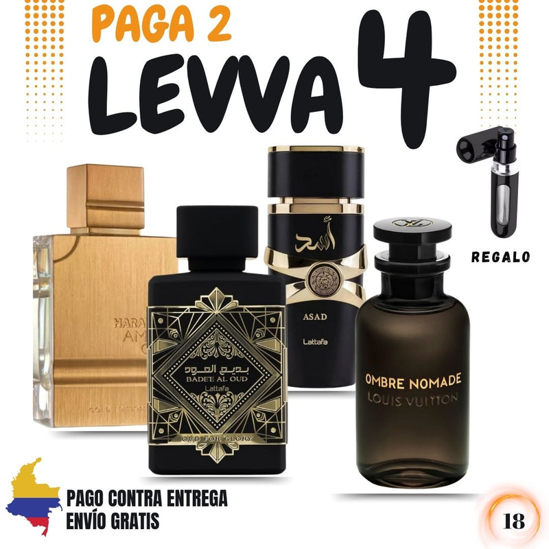 18- 4 PERFUMES +REGALO (Lattafa Oud For Glory, Lattafa Asad, Al Haramain, Ombre Nomade Mas Perfumero Recargable)