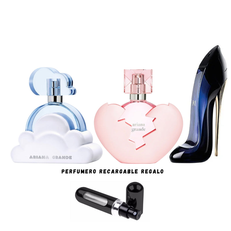 019 -3 PERFUMES +REGALO (Thank U Next, Cloud, Good Girl Mas Perfumero Recargable)