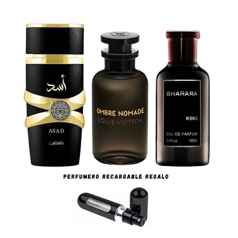 001 - 3 PERFUMES+ REGALO (Ombre Nomade, Asad, Bharara King + Perfumero Recargable)