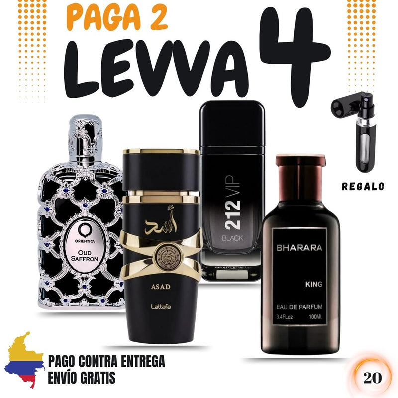 20- 4 PERFUMES +REGALO (Asad, Orientica Oud Saffron, 212 Vip Black, Bharara King Mas Perfumero Recargable)