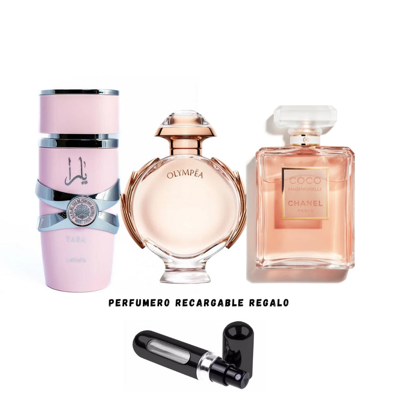 021 - 3 PERFUMES +REGALO (Yara, Olympea,Coco Chanel Mas Perfumero Recargable)