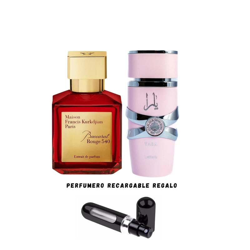 023 - 2 PERFUMES +REGALO (Yara  + Baccarat Rouge Mas Perfumero Recargable)