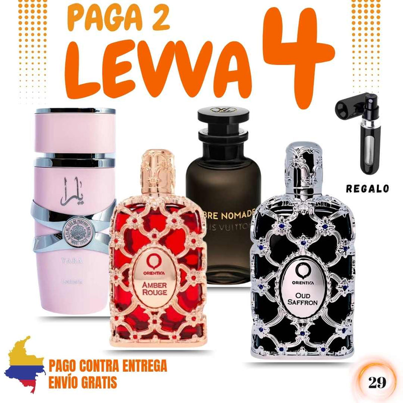 29- 4 PERFUMES + 1 REGALO ( Oud Saffron + Ombre + Yara + Orientica + Perfumero)