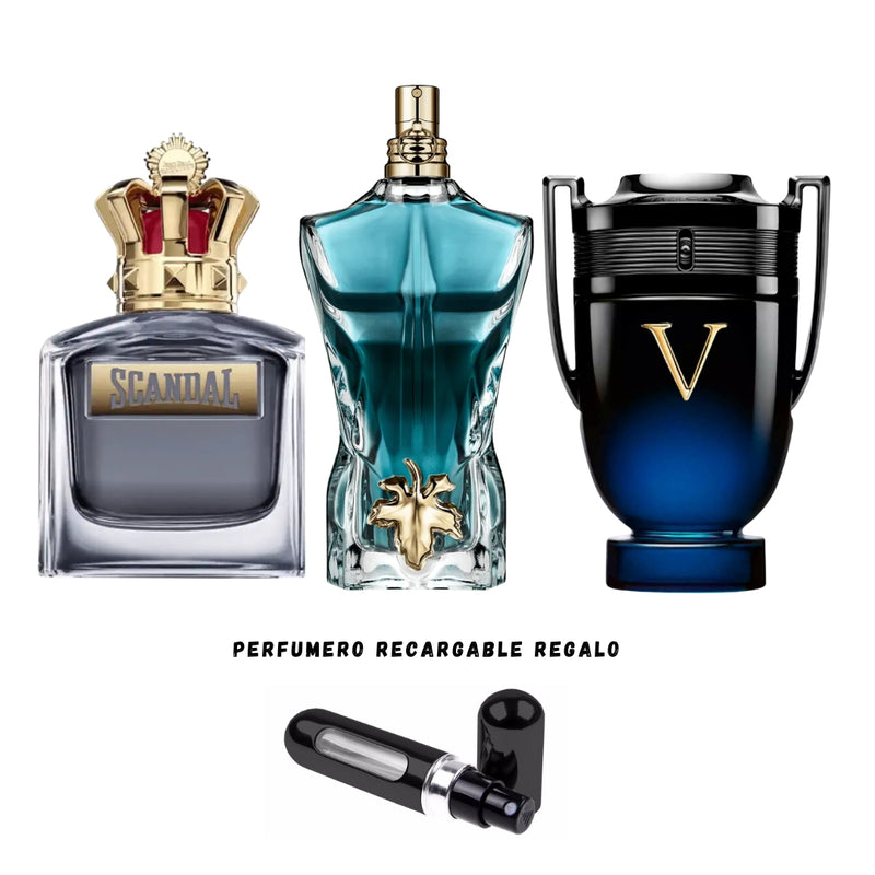 002 - 3 PERFUMES + REGALO (Scandal Jean Paul Le Beau Le Parfum Invictus Victory Elixir + Perfumero Recargable )