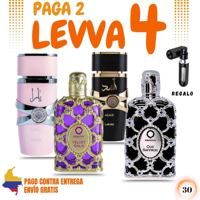 30- 4 PERFUMES + 1 REGALO (Velvet gold+oud Saffron+ asad+Yara)
