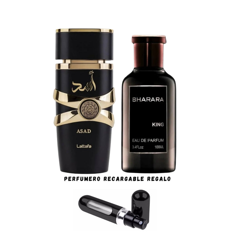 030 - 2 PERFUMES +REGALO (Bharara King + Asad Mas Perfumero Recargable)