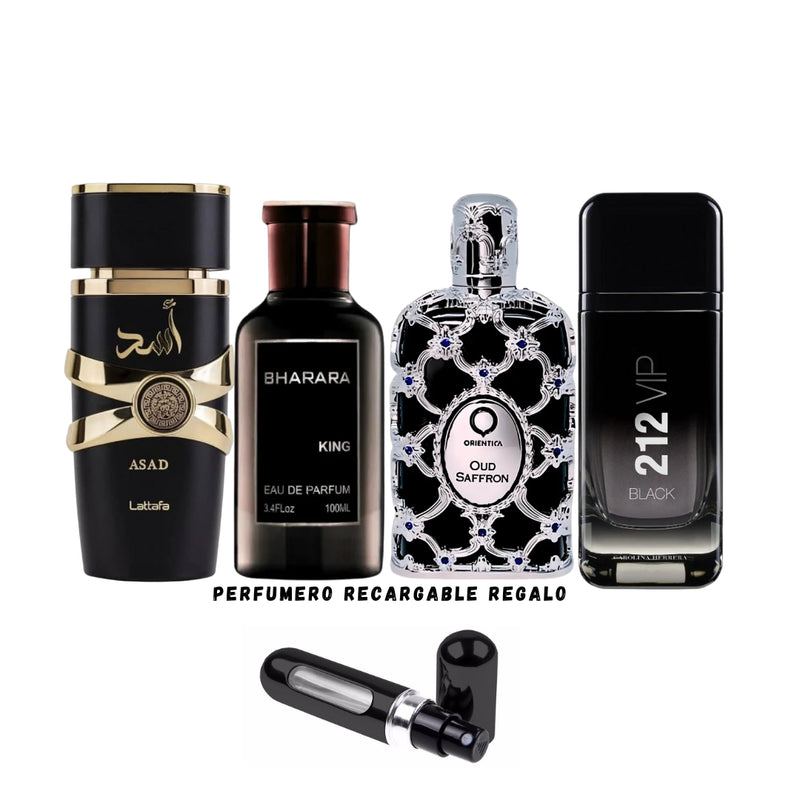 031 - 4 PERFUMES +REGALO (Asad, Orientica Oud Saffron, 212 Vip Black, Bharara King Mas Perfumero Recargable)