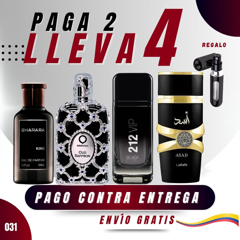 031 - 4 PERFUMES +REGALO (Asad, Orientica Oud Saffron, 212 Vip Black, Bharara King Mas Perfumero Recargable)