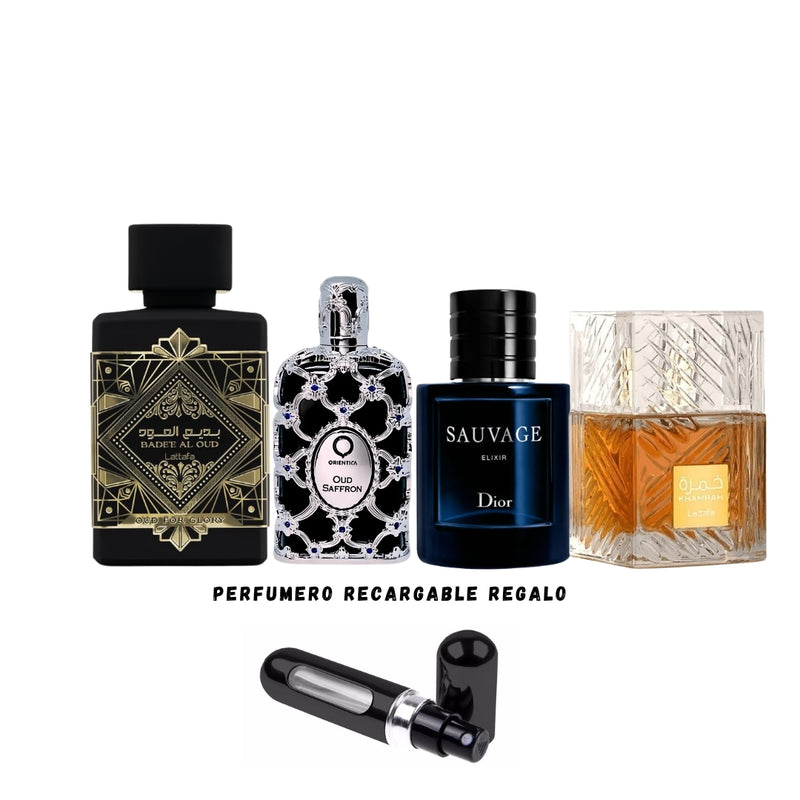 032 - 4 PERFUMES +REGALO (Lattafa Oud For Glory, Khamra, Orientica Oud Saffron, Sauvage Elixir Mas Perfumero Recargable)