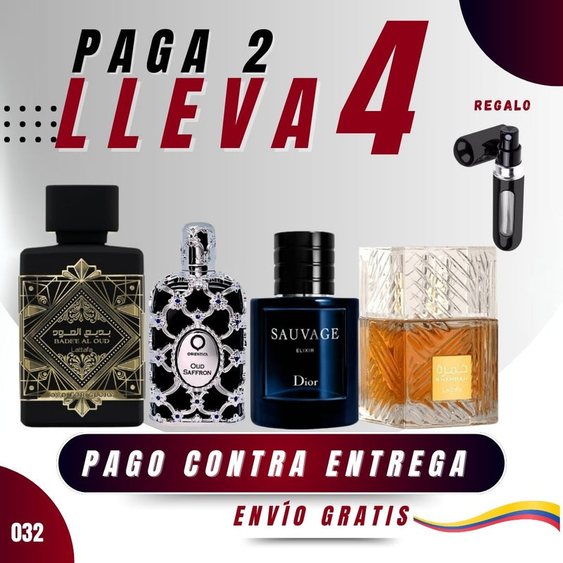 032 - 4 PERFUMES +REGALO (Lattafa Oud For Glory, Khamra, Orientica Oud Saffron, Sauvage Elixir Mas Perfumero Recargable)