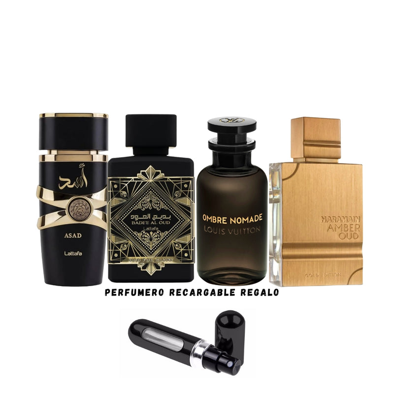 033 - 4 PERFUMES +REGALO (Lattafa Oud For Glory, Lattafa Asad, Al Haramain, Ombre Nomade Mas Perfumero Recargable)