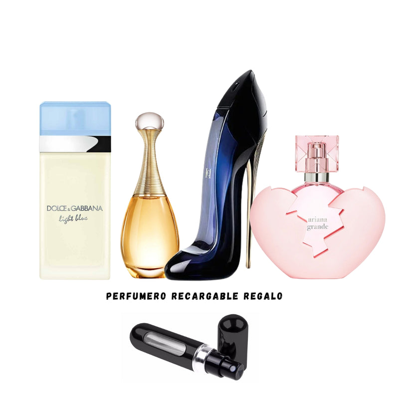 035 - 4 PERFUMES +REGALO(Thank U Next, Light Blue, Good Girl,Jadore Mas Perfumero Recargable)