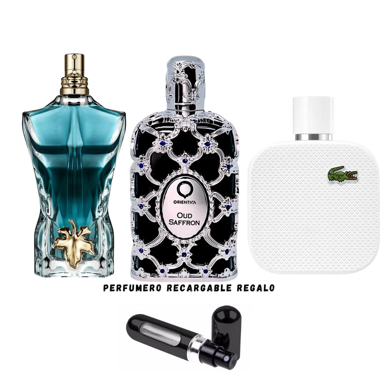 003 - 3 PERFUMES + REGALO (Lacoste Blanca, Jean Paul Lebeau Le Parfum, Orientica Oud Saffron + Peefumero Recargable)