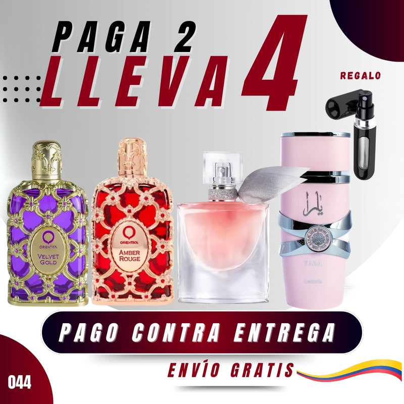 044 - 4 PERFUMES + REGALO (Vida bella+yara+orientica r+velvet Gold)