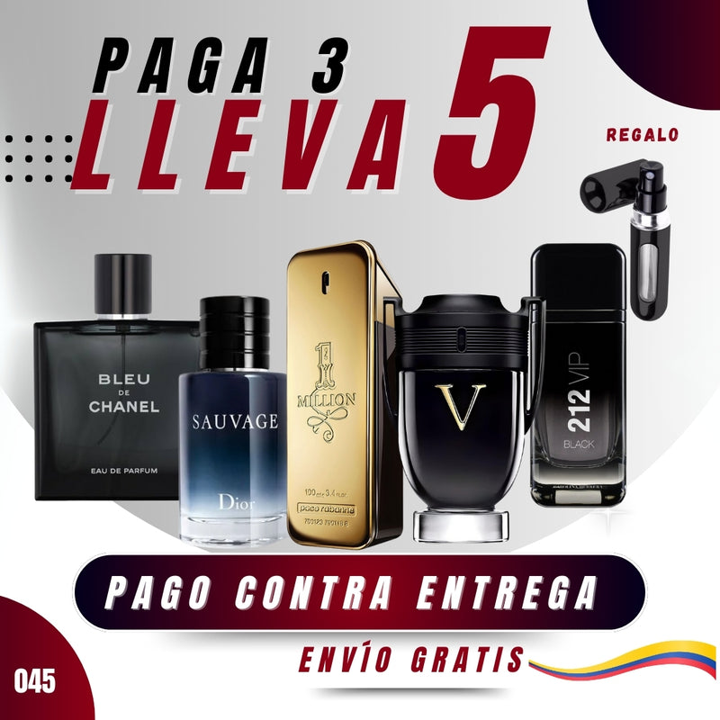 045 - 5 PERFUMES + REGALO (Bleu de chanel, Sauvage, Invictus Black, 212 Black, 1 million +perfumero)