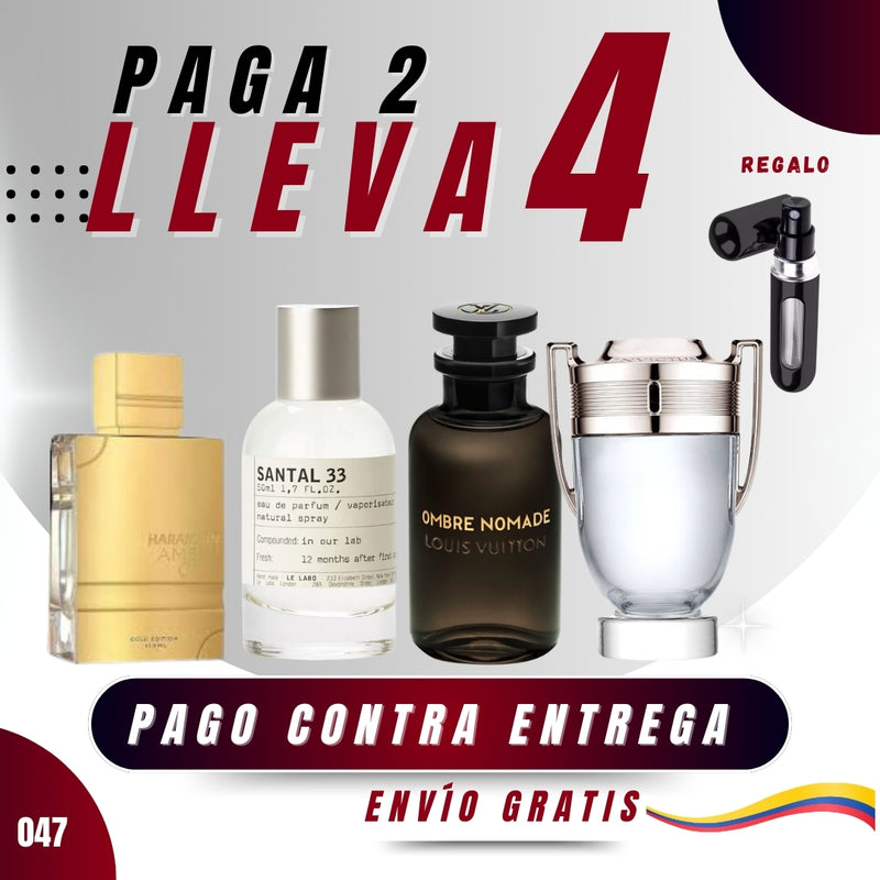 047 - 4 PERFUMES + REGALO (Invictus+ombre nomade+haramain+santal 33)