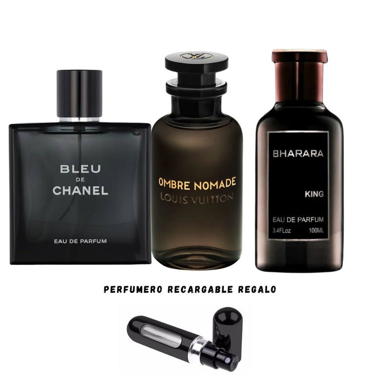 004 - 3 PERFUMES + REGALO  (Ombre Nomade, Bharara King, Bleu Chanel + Perfumero Recargable)