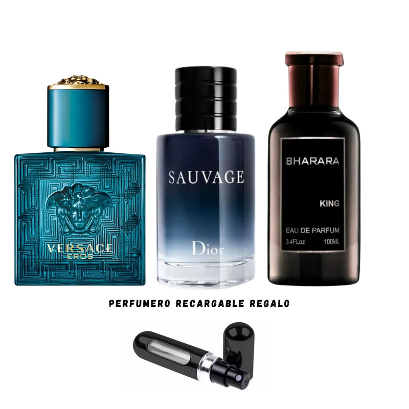 005 - 3 PERFUMES +REGALO  (Bharara King, Sauvage, Eros + Perfumero Recargable)