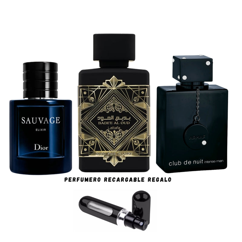 006 -PERFUMES + REGALO (Lattafa Oud For Glory, Sauvage Elixir, Club The Nuit + Perfumero Recargable)