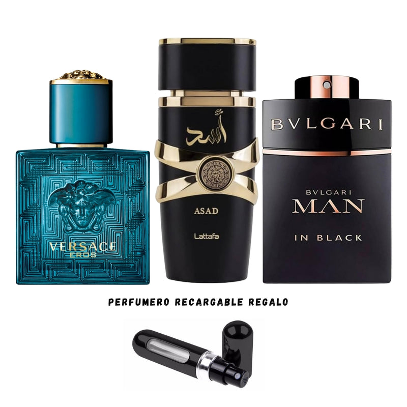 007 - 3 PERFUMES +REGALO (Asad Lattafa - Bvlgari Black - Eros Mas Perfumero Recargable)