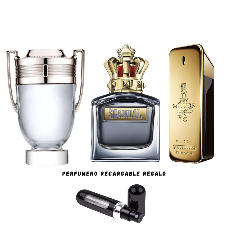 008 - 3 PERFUMES +REGALO (One Million,Scandal,Invictus Mas Perfumero Recargable)