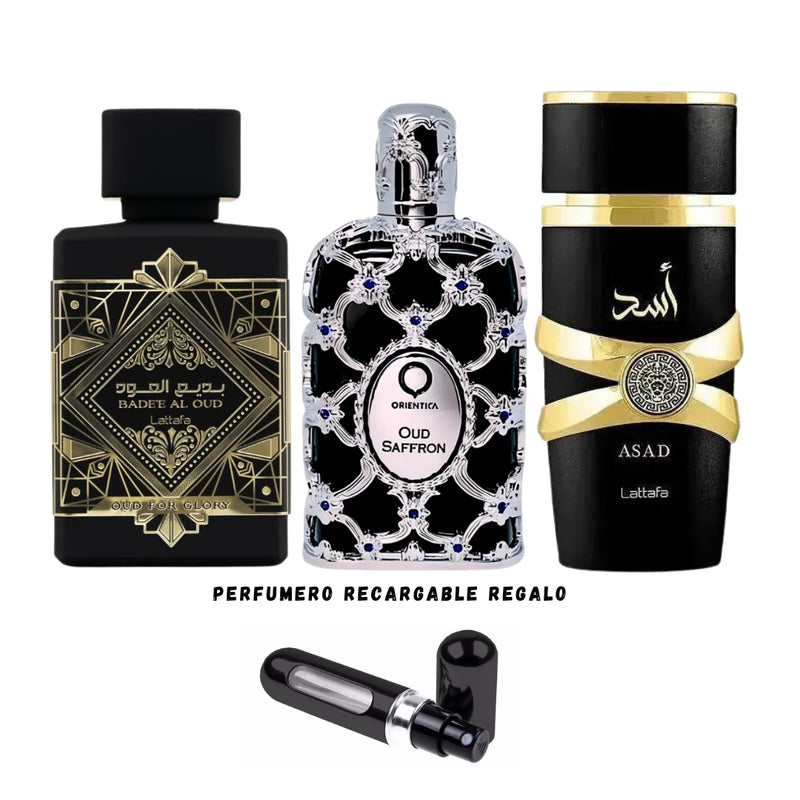 009 - 3 PERFUMES +REGALO (Lattafa Asad Orientica Oud Saffron, Lattafa Oud For Glory Mas Perfumero Recargable)