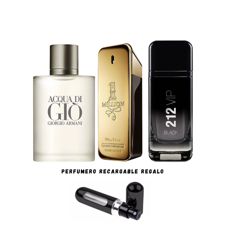 055- 4 PERFUMES + 1 REGALO (One million+212 vip black+aqua d Gio+perfumero)