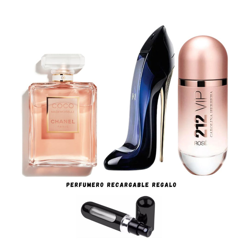 058- 3 PERFUMES + 1 REGALO (Good girl+212 rose+coco chanel+perfumero)