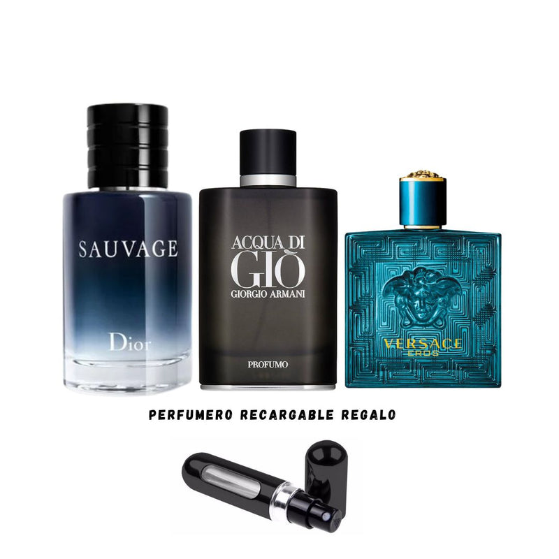 059- 3 PERFUMES + 1 REGALO (Sauvage+eros+ Acua Di gio profumo+perfumero)