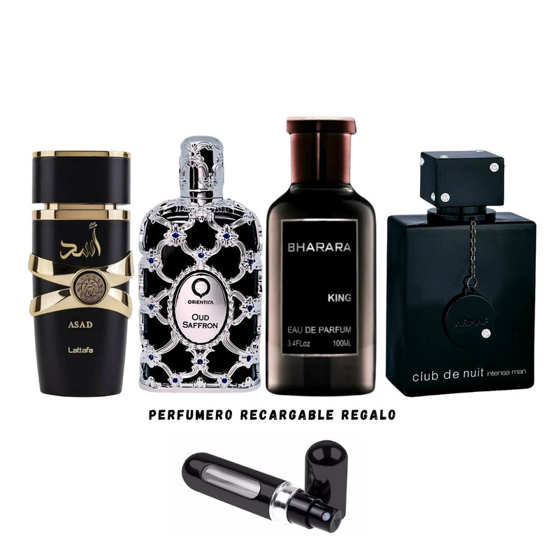 073 - 4 PERFUMES + 1 REGALO (Club de nuit+oud saffron+asad+bharara)