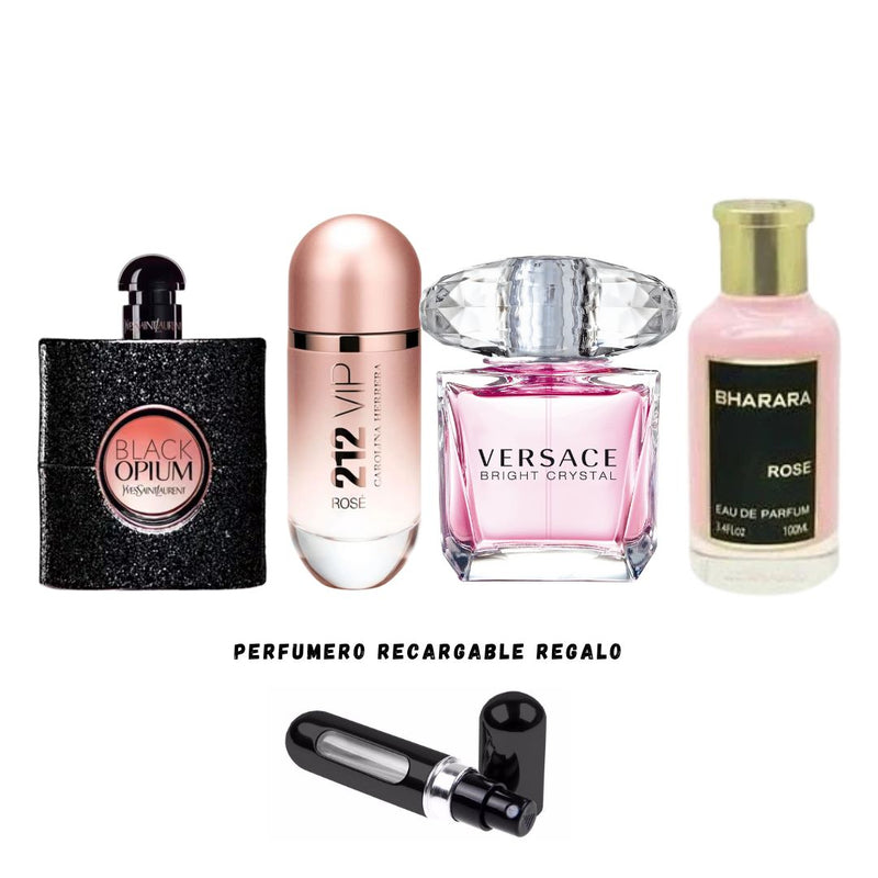 074 - 4 PERFUMES + 1 REGALO (Bharara+black opium+versace+212 sexy +perfume)