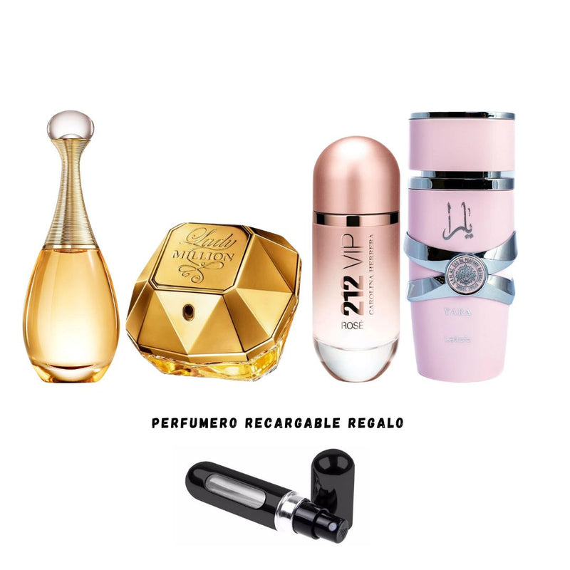 077 - 4 PERFUMES + 1 REGALO (Yara+212 vip rose+jadore+lady million + Perfumero)