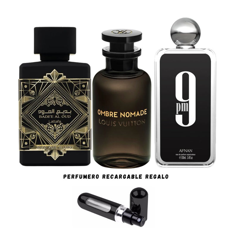 080 - 3 PERFUMES + REGALO (Lattafa Oud For Glory, Ombre Nomade, 9pm + perfumero)