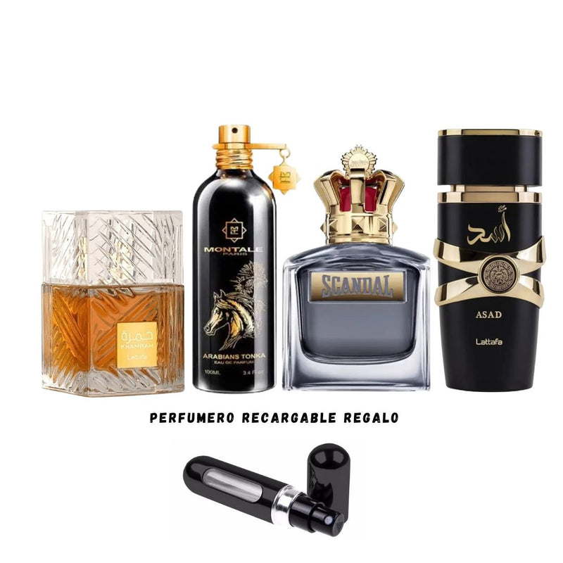 081 - 4 PERFUMES + REGALO (Khamrah -  Montale -Scandal -Asad + Perfumero)