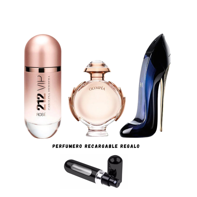 037 - 3 PERFUMES + REGALO ( Olympea - Good Girl - 212 Vip + perfumero)