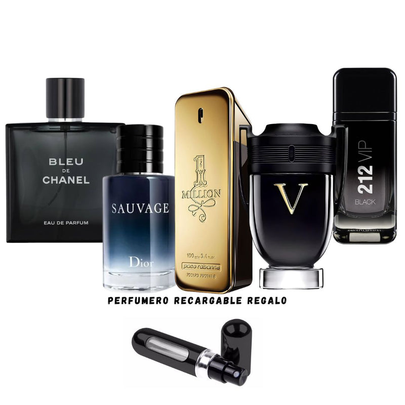 045 - 5 PERFUMES + REGALO (Bleu de chanel, Sauvage, Invictus Black, 212 Black, 1 million +perfumero)