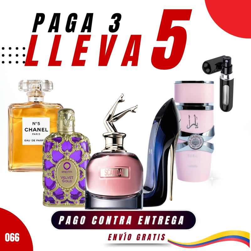 066 - 5 PERFUMES + 1 REGALO (chanel n5 - yara - Scandal - Good Girl - Velvet Gold -+ perfumero