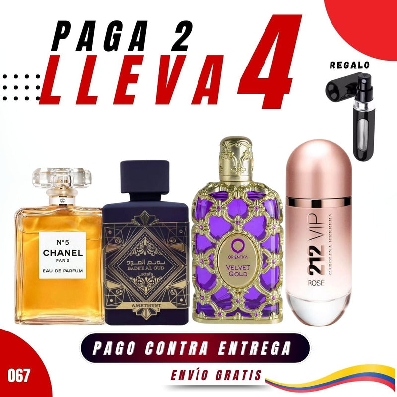 067 - 4 PERFUMES + 1 REGALO  (Velvet Gold, 212 Vip R , Amethesty, N5chanel + perfumero)