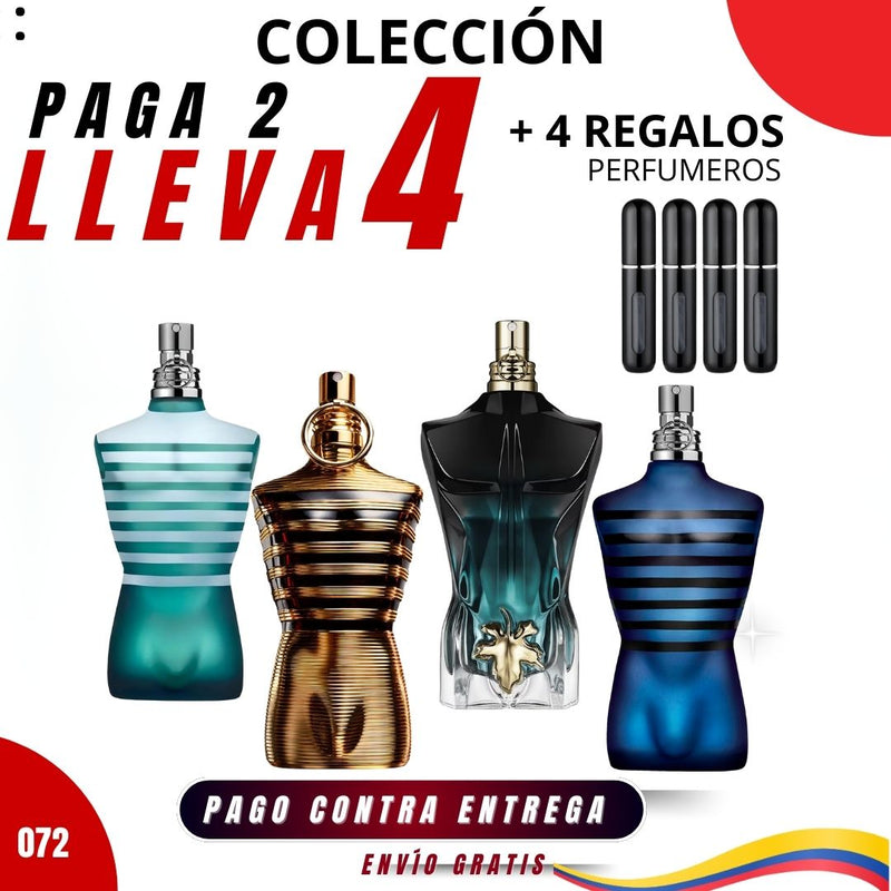 072 - 4 PERFUMES JEAN PAUL + 4 REGALO (Le Male - Ultra Male -Elixir -Le Beau Le Parfum + perfumeros)